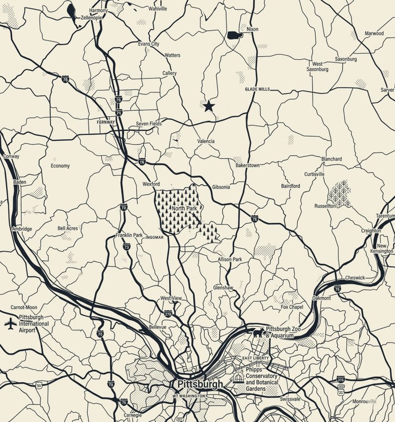 Map of the North Hills north of Pittsburgh, with the towns Socket & Bulb serves lit up with Christmas bulbs